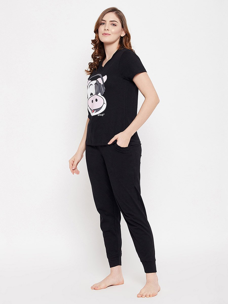 Graphic Print V Neck Cotton T-Shirt and Solid Joggers Set
