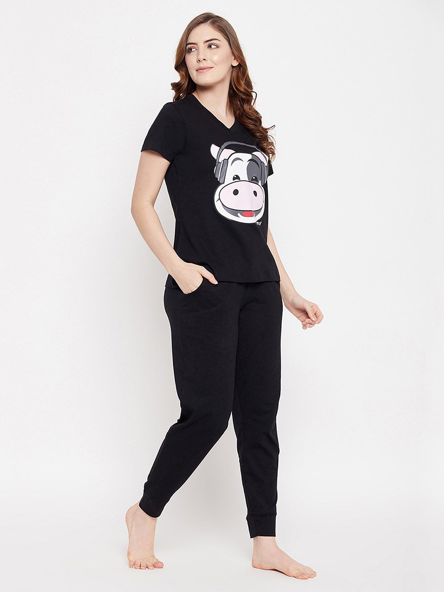 Graphic Print V Neck Cotton T-Shirt and Solid Joggers Set