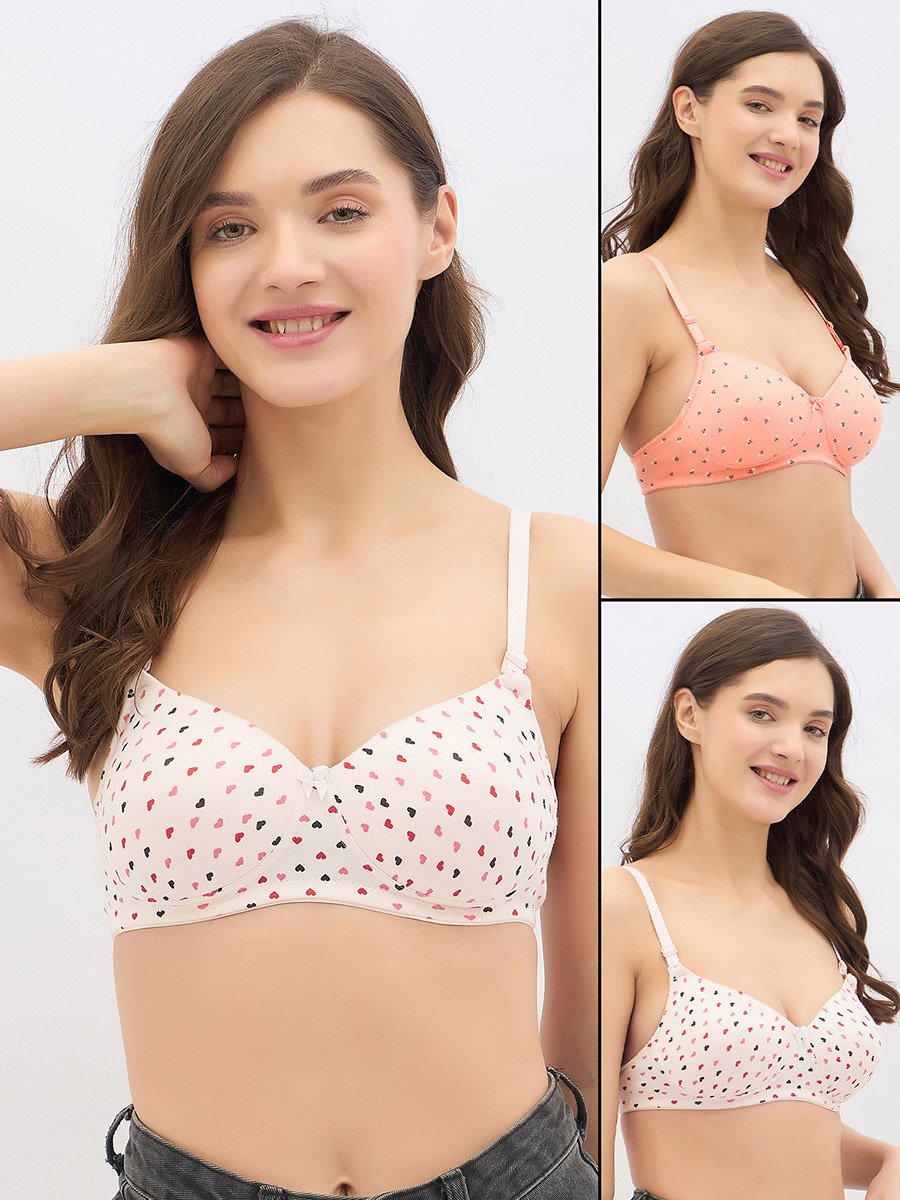 Set of 2 - Padded Non-Wired Full Coverage Heart Print Bra
