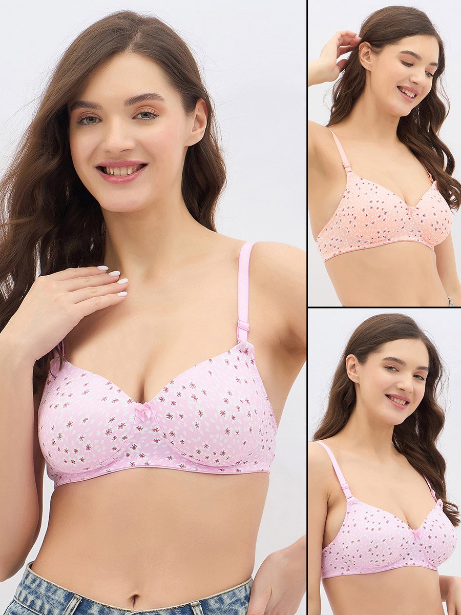 Pack of 2 - Floral Print Padded Non-Wired Full Coverage Multiway T-Shirt Bra