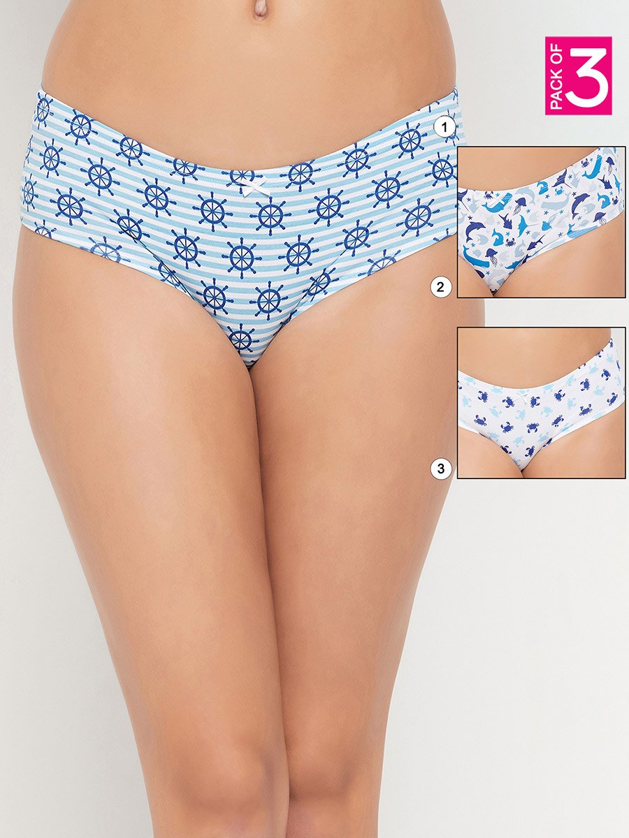 Pack of 3 - Sea Life Print Mid Rise Hipster Briefs with Inner Elastic