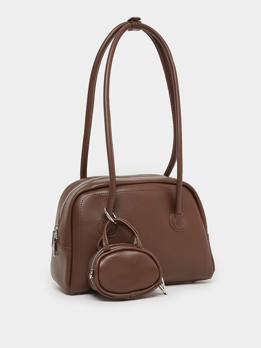 Brown Long Strap Shoulder Bag with Mini Purse