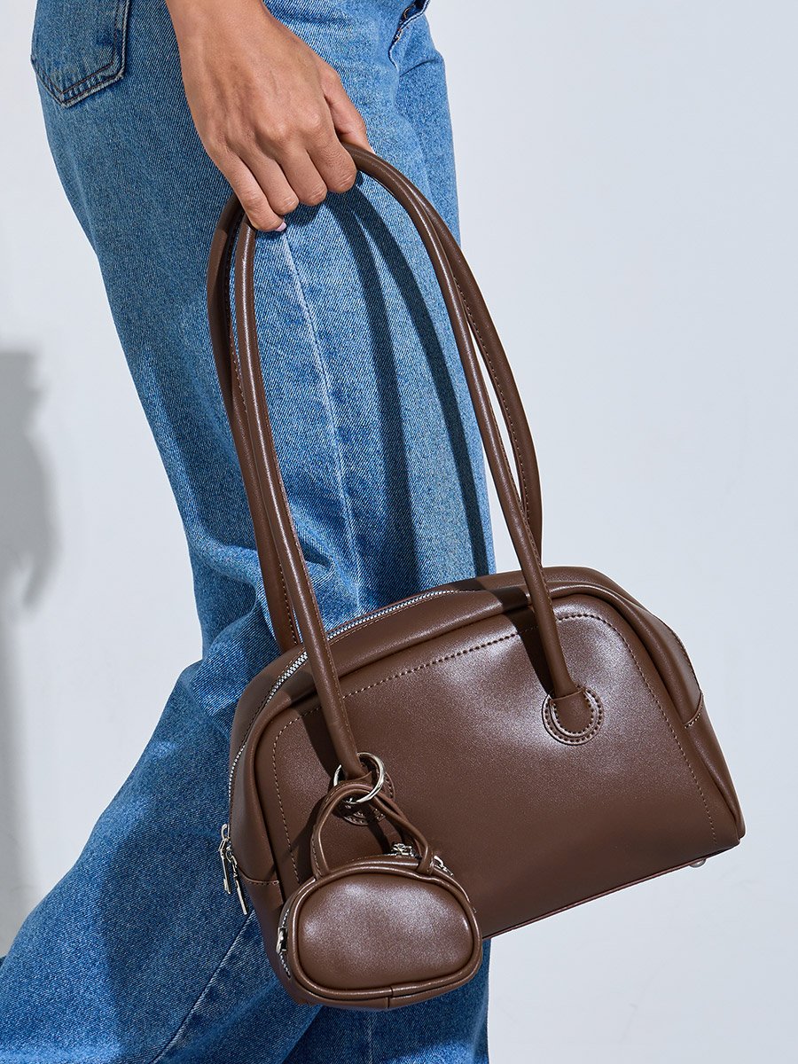 Brown Long Strap Shoulder Bag with Mini Purse