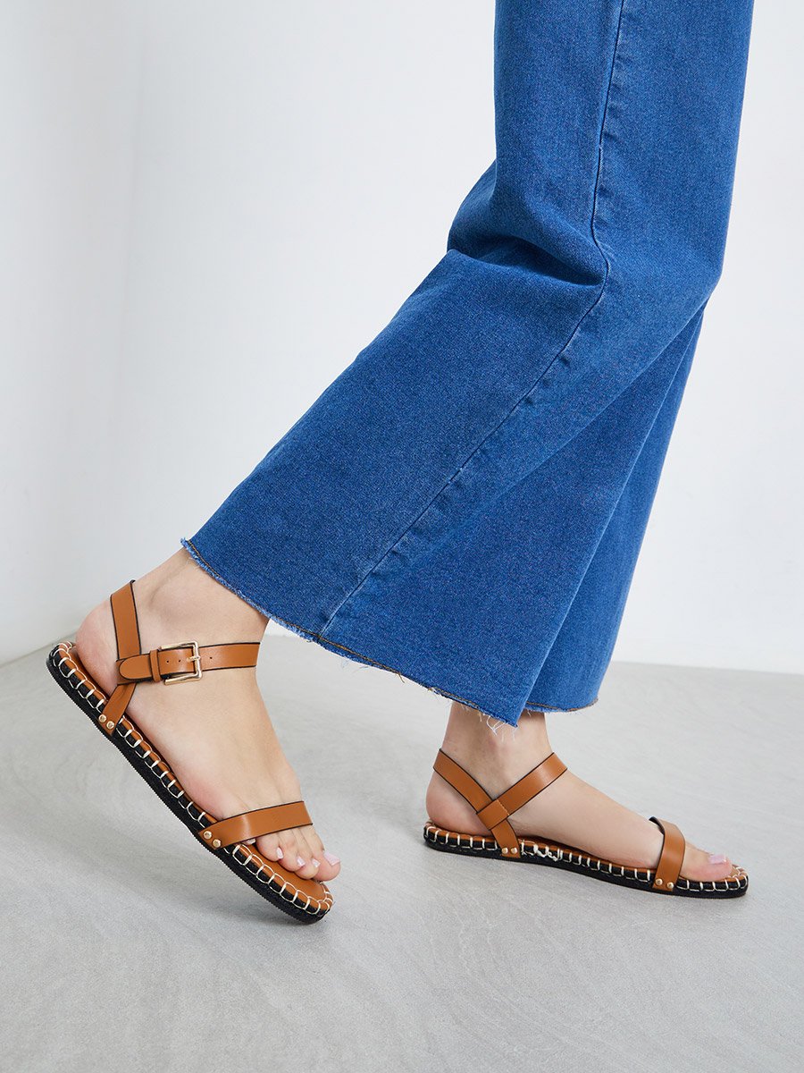 Bambie Brown Ankle Strap Flat Espadrilles