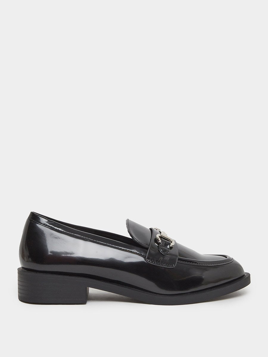 Black Patent Loafers with Buckle Detail