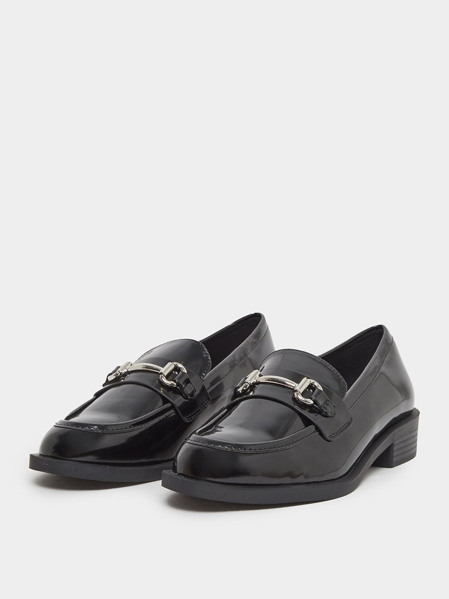 Black Patent Loafers with Buckle Detail