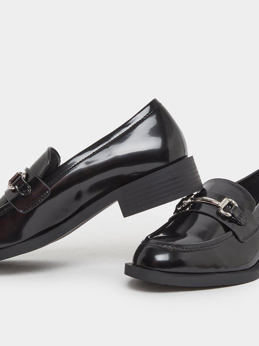 Black Patent Loafers with Buckle Detail