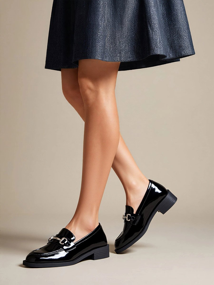 Black Patent Loafers with Buckle Detail