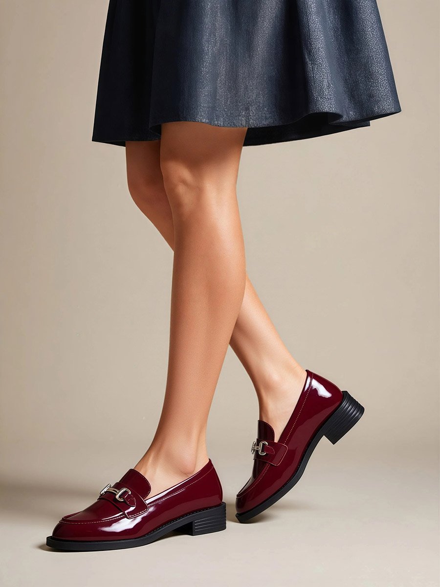 Burgundy Patent Loafers with Buckle Detail