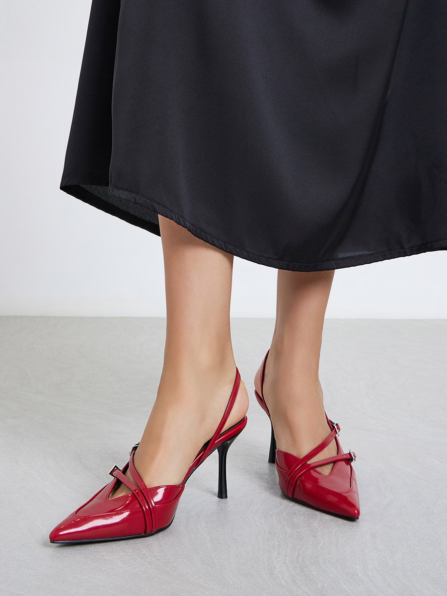 Red Strappy Buckled High Heel Pumps