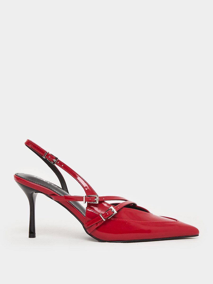 Red Strappy Buckled High Heel Pumps