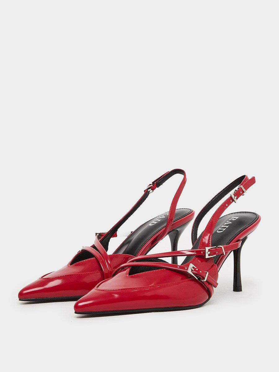 Red Strappy Buckled High Heel Pumps