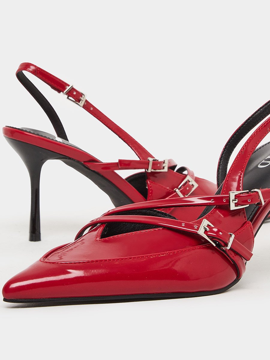 Red Strappy Buckled High Heel Pumps