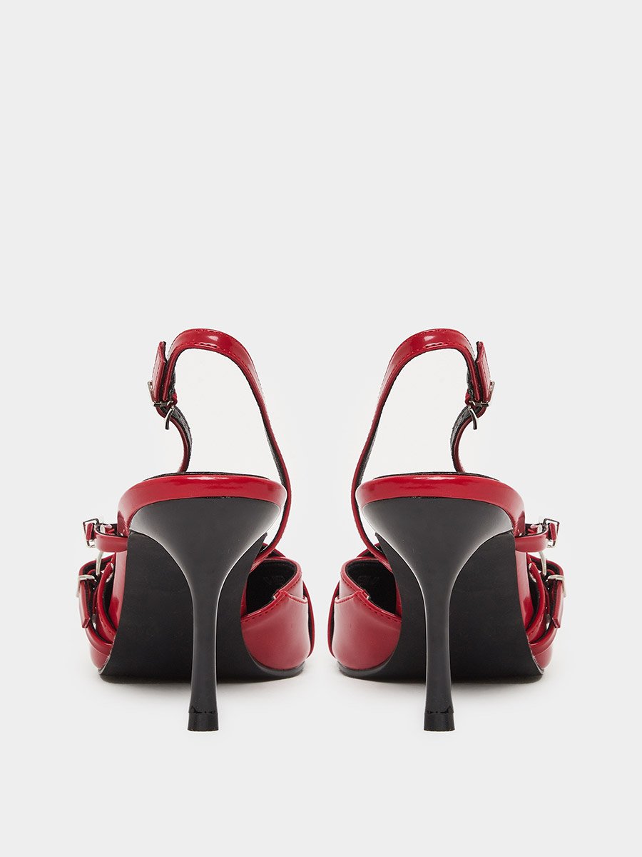 Red Strappy Buckled High Heel Pumps