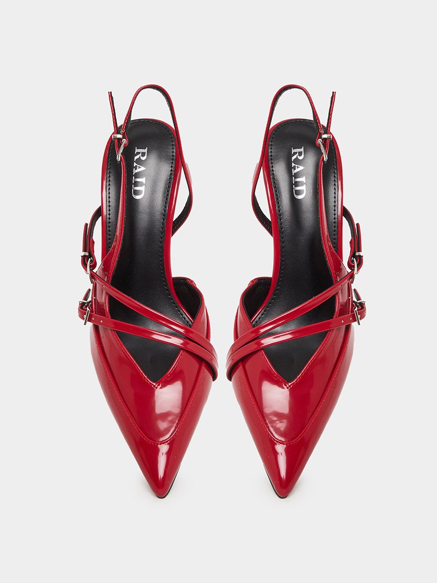 Red Strappy Buckled High Heel Pumps
