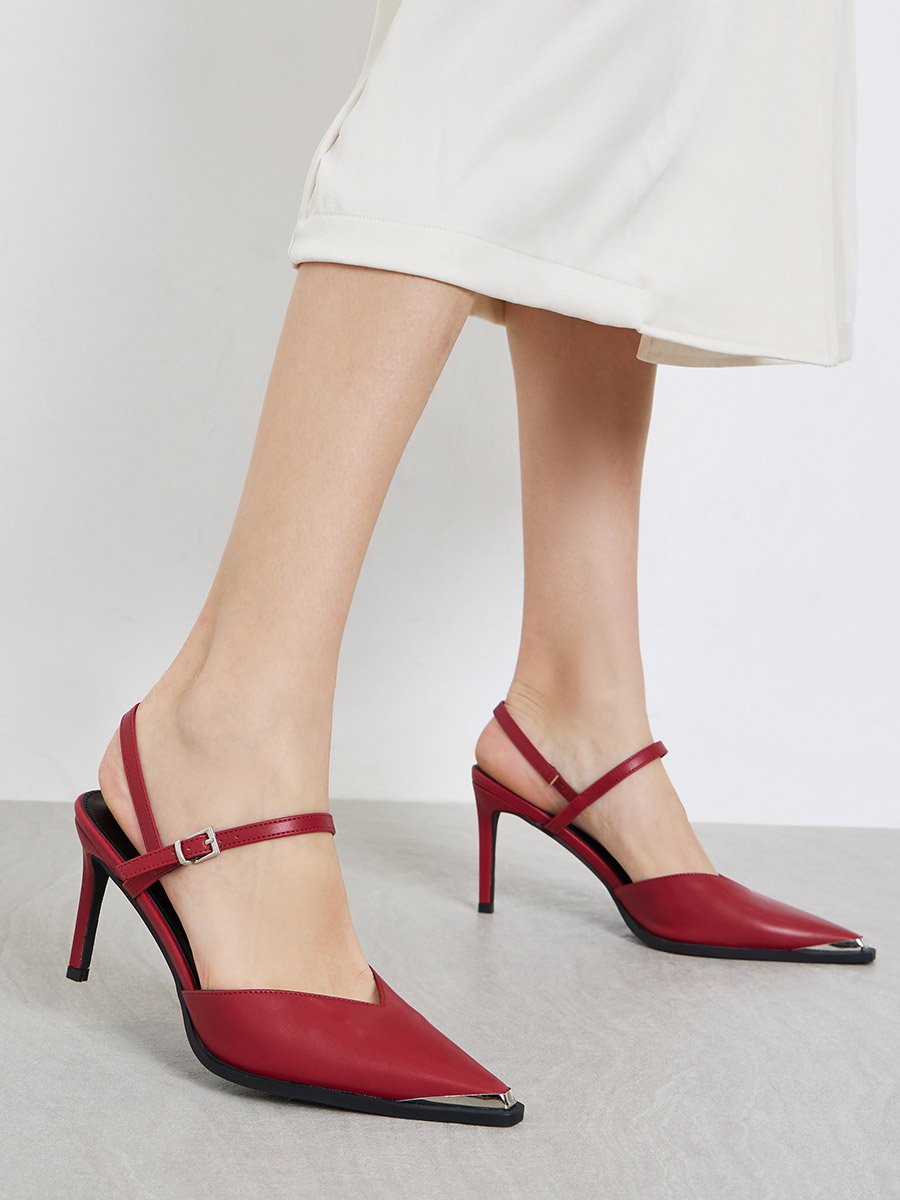 Maliya Red Pointed Toe Shoes with Metal Trim