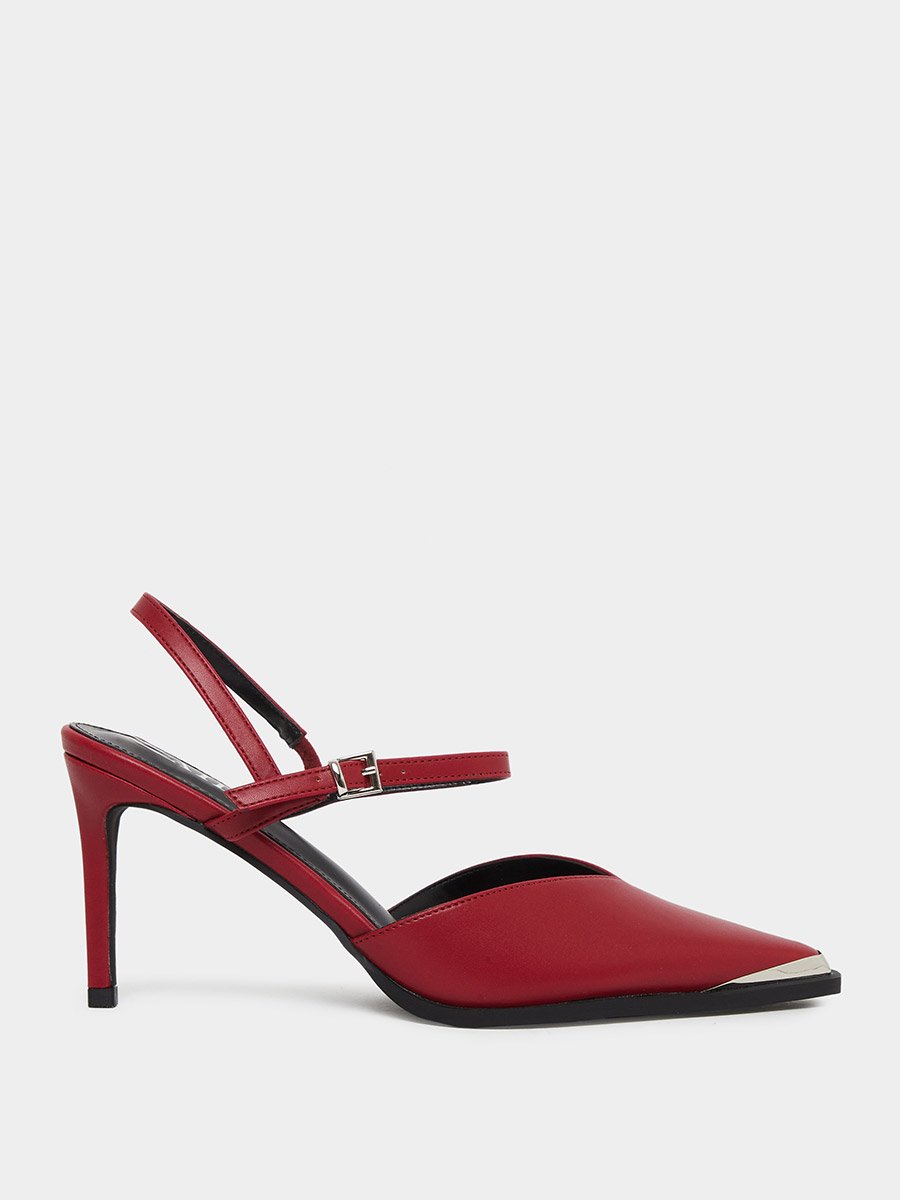Maliya Red Pointed Toe Shoes with Metal Trim
