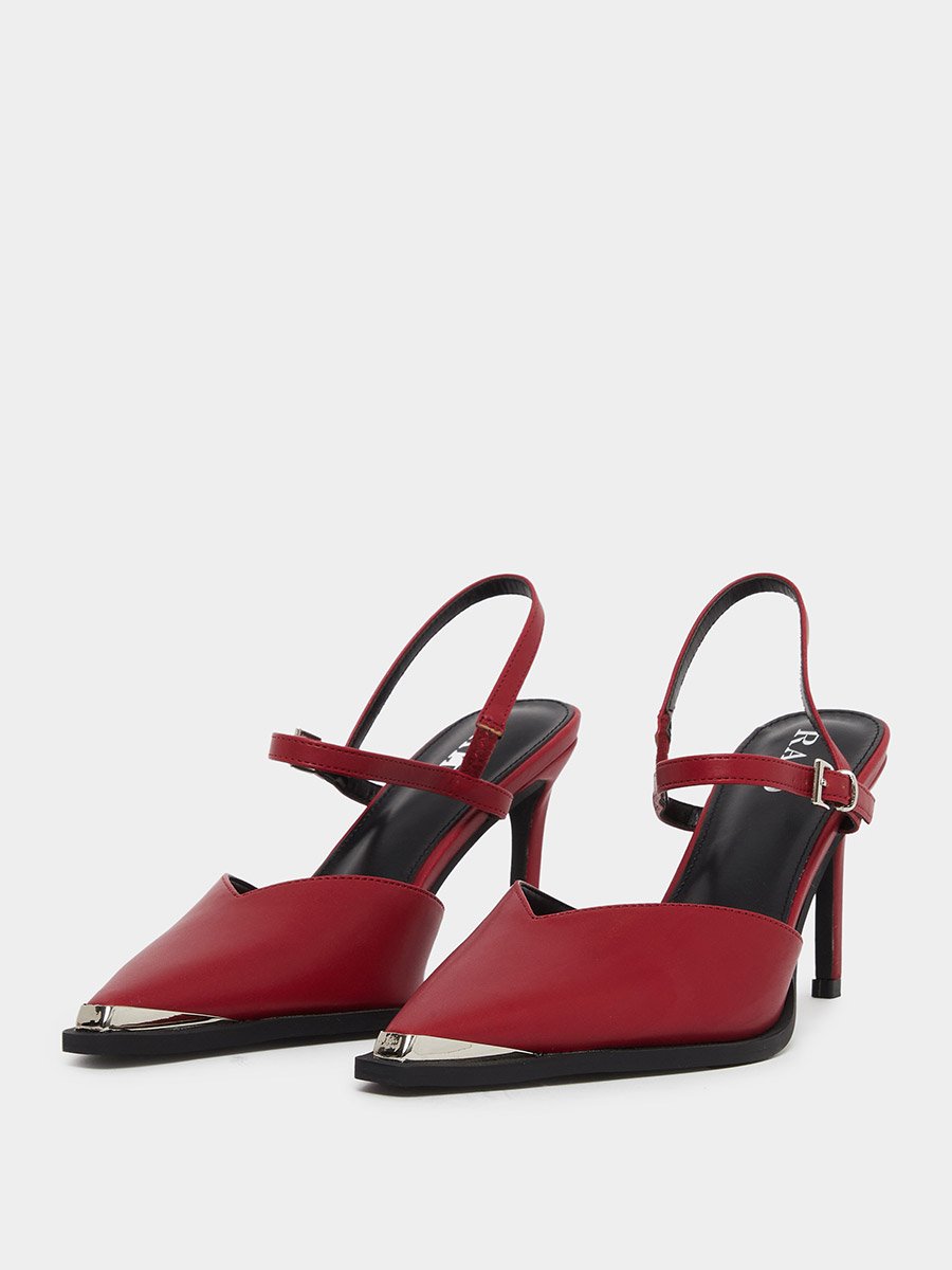 Maliya Red Pointed Toe Shoes with Metal Trim