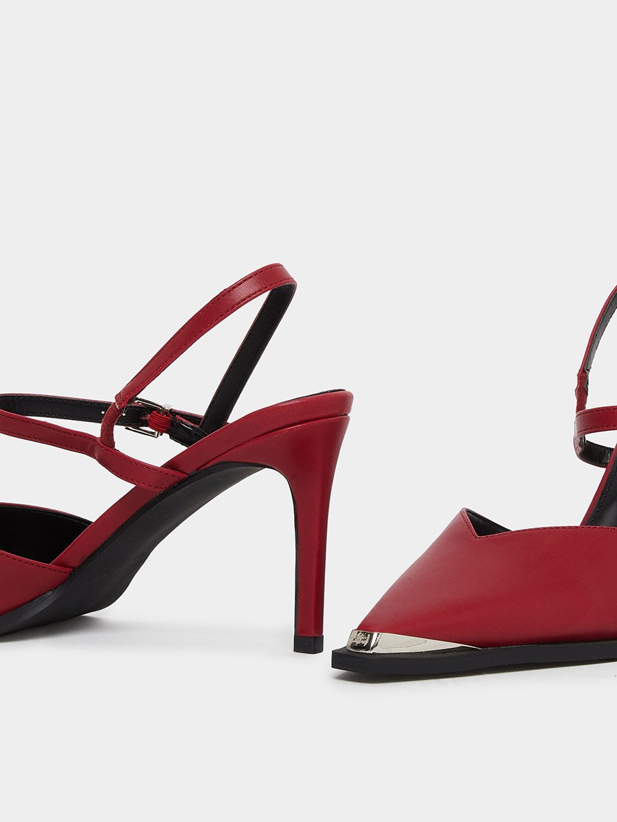 Maliya Red Pointed Toe Shoes with Metal Trim