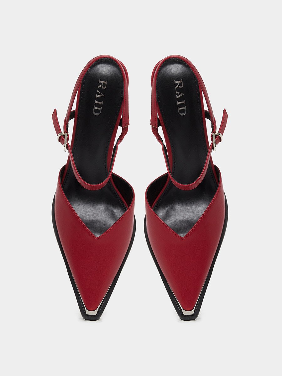 Maliya Red Pointed Toe Shoes with Metal Trim