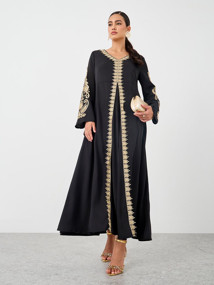 Embroidered Lace Trim Long Sleeve Maxi Dress