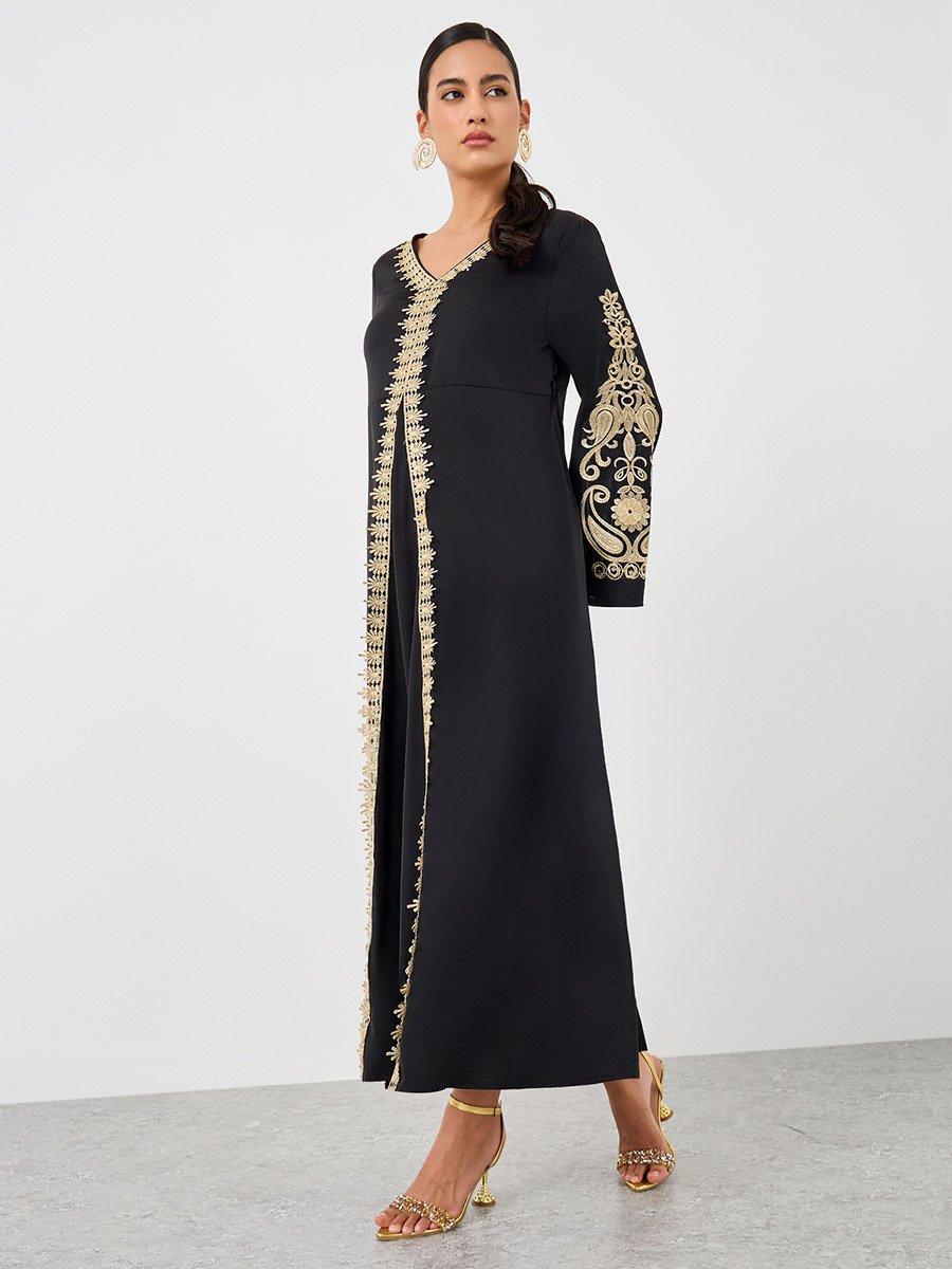 Embroidered Lace Trim Long Sleeve Maxi Dress