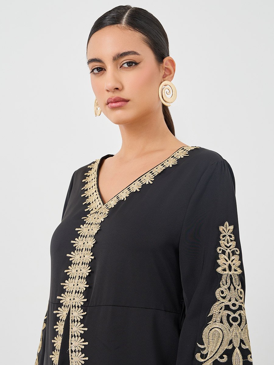 Embroidered Lace Trim Long Sleeve Maxi Dress