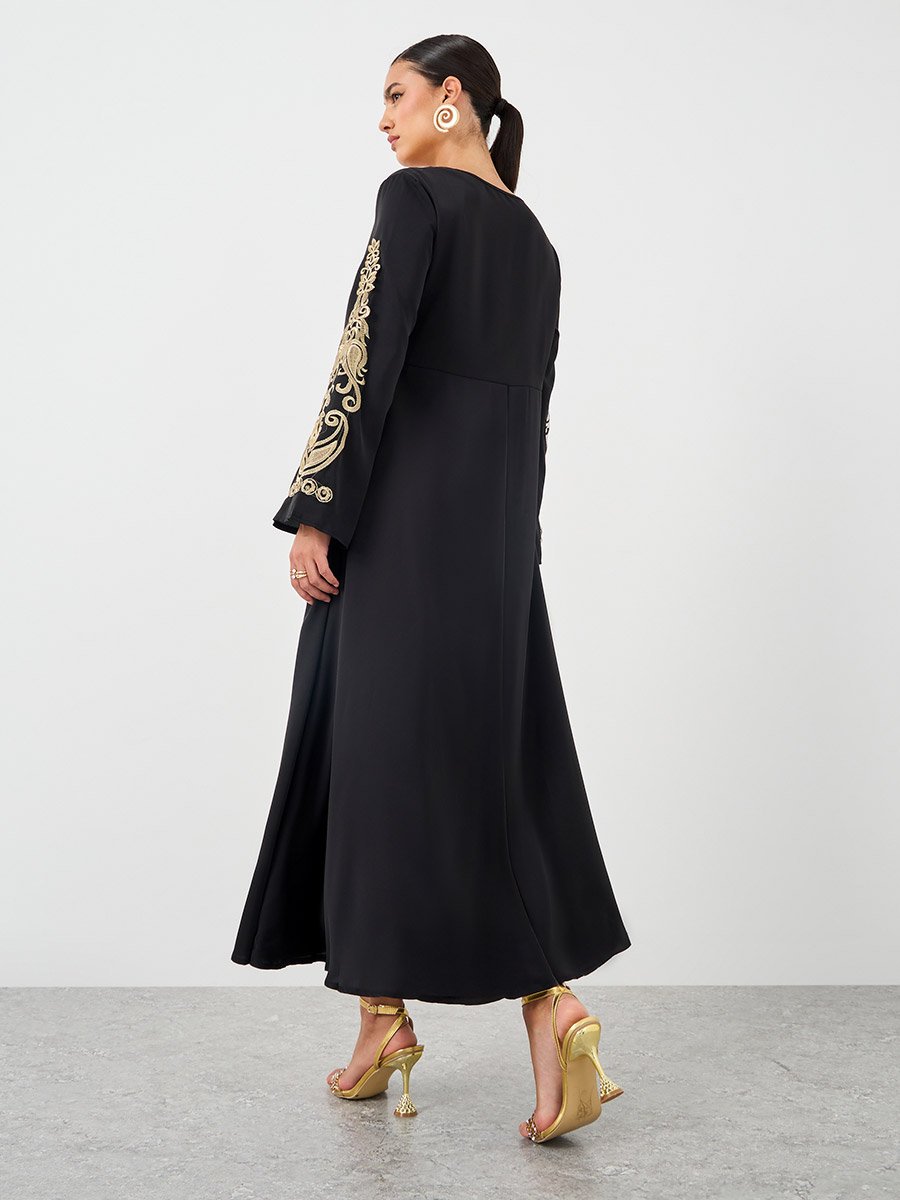 Embroidered Lace Trim Long Sleeve Maxi Dress