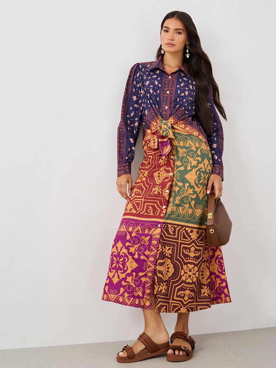 All-Over Print Buttoned Front Midi Dress