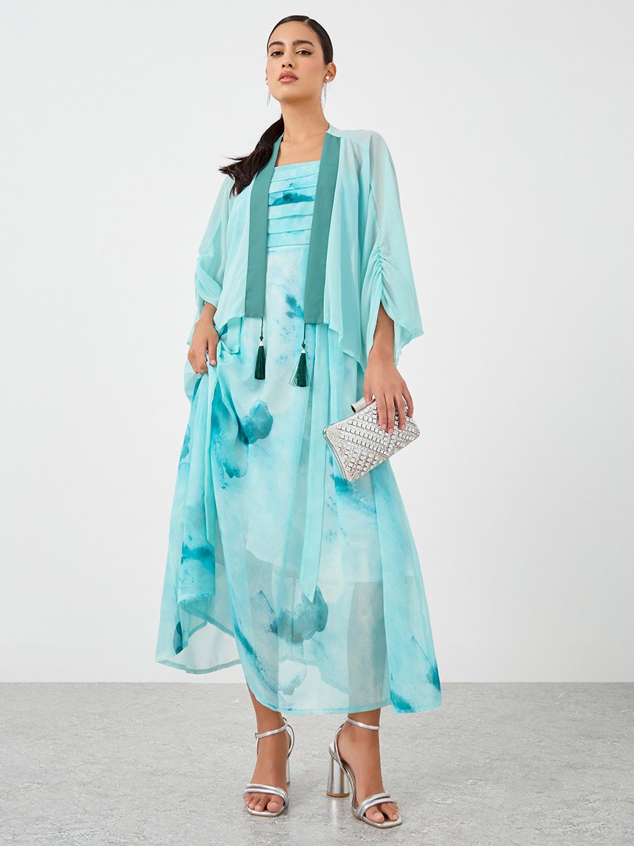 Dye Print Open Front Tassel Detail Kimono with Midi Dress Set