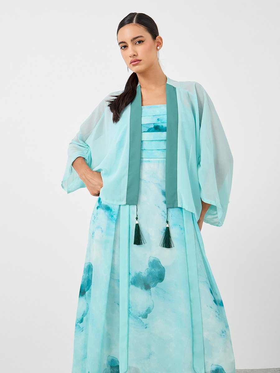Dye Print Open Front Tassel Detail Kimono with Midi Dress Set