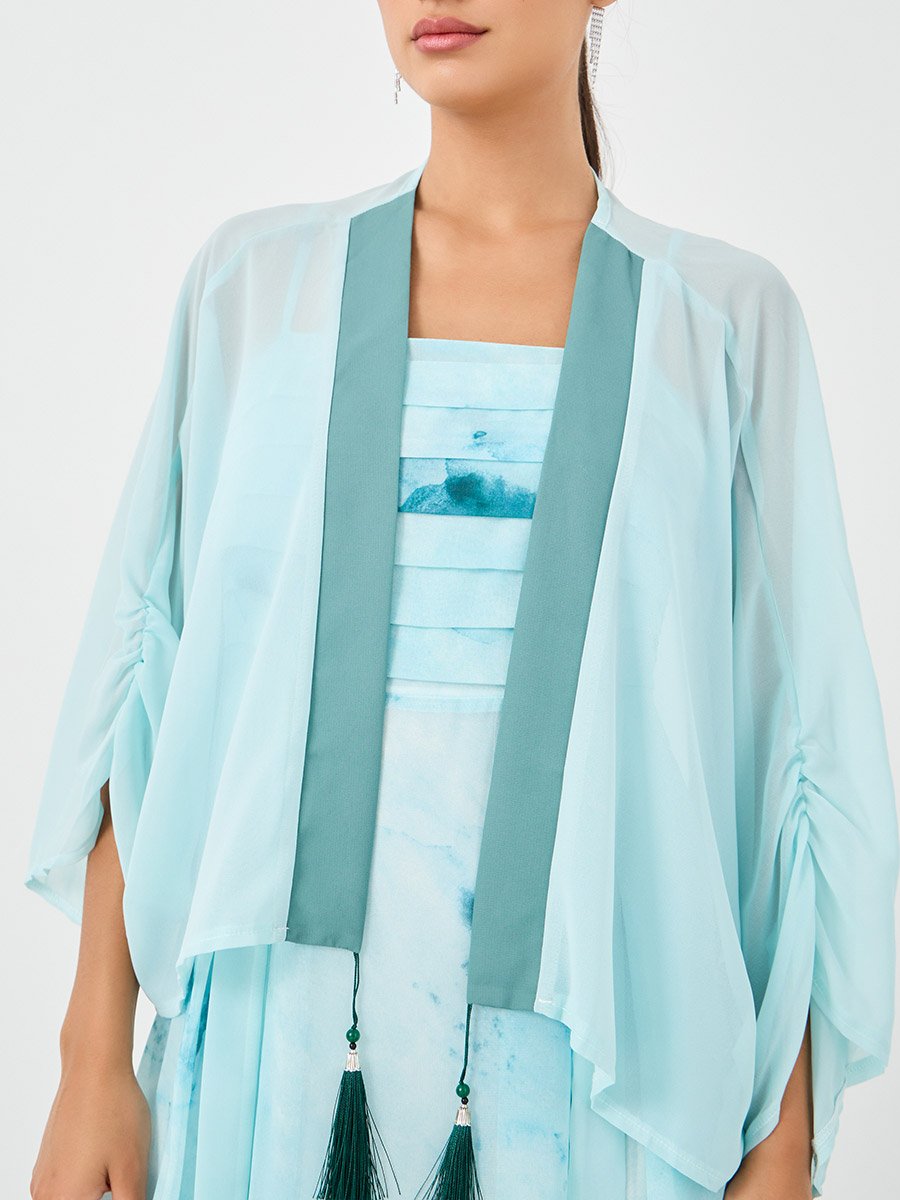 Dye Print Open Front Tassel Detail Kimono with Midi Dress Set