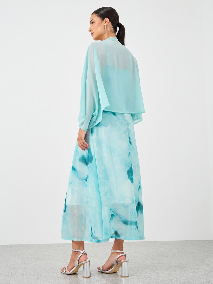 Dye Print Open Front Tassel Detail Kimono with Midi Dress Set