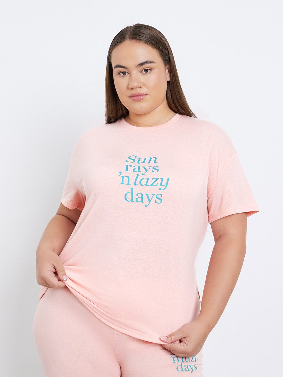 Plus Printed Dropped Shoulder T-Shirt and Pyjama Set