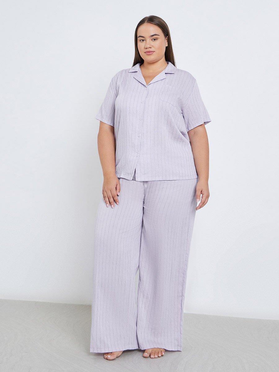 Plus Viscose Textured Double Stripe Shirt and Pyjama Set