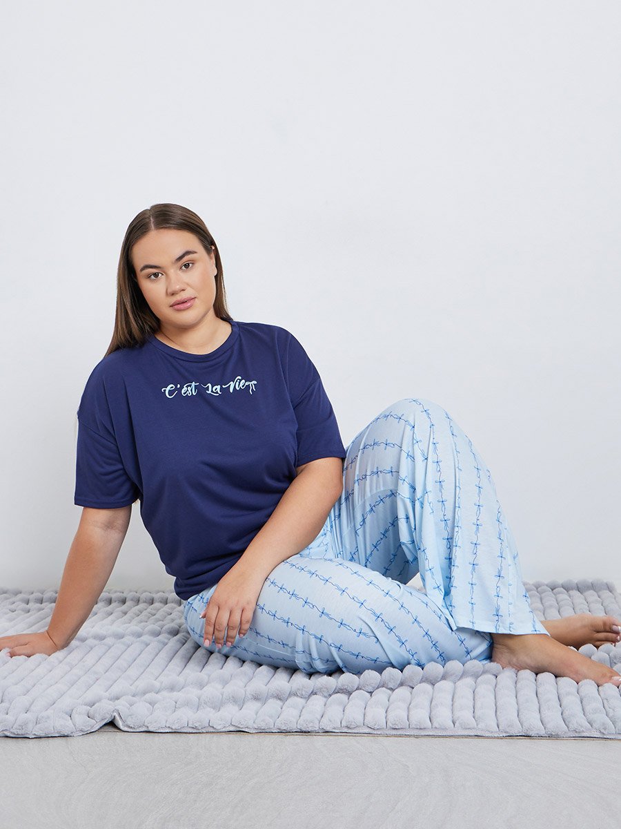Plus Slogan Dropped Shoulder T-Shirt and Pyjama Set