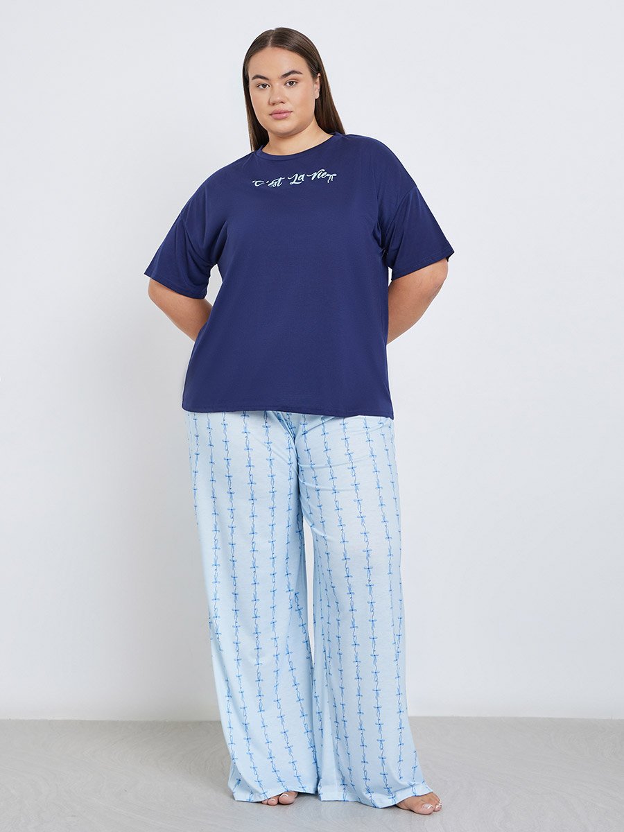 Plus Slogan Dropped Shoulder T-Shirt and Pyjama Set