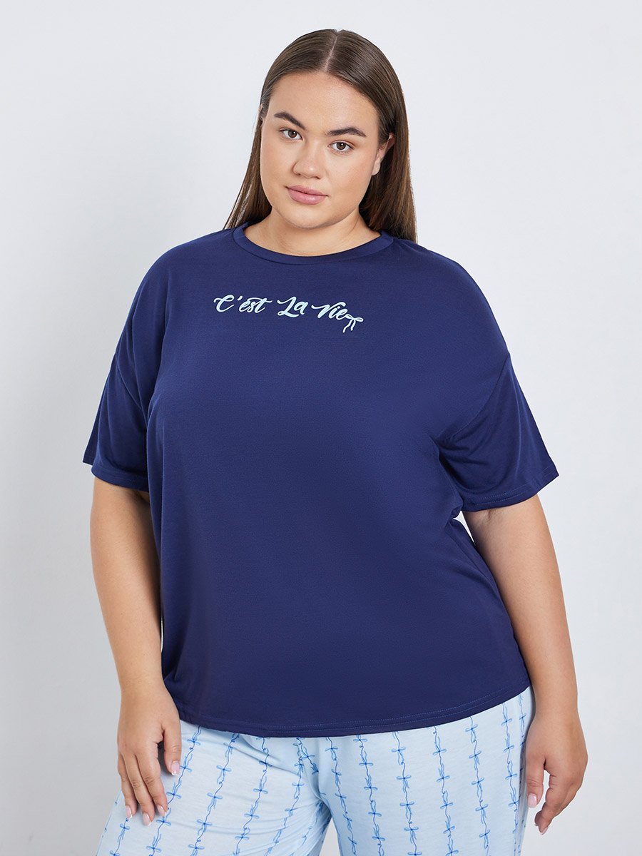 Plus Slogan Dropped Shoulder T-Shirt and Pyjama Set