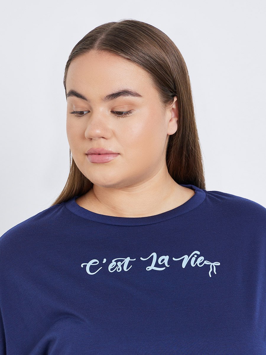 Plus Slogan Dropped Shoulder T-Shirt and Pyjama Set