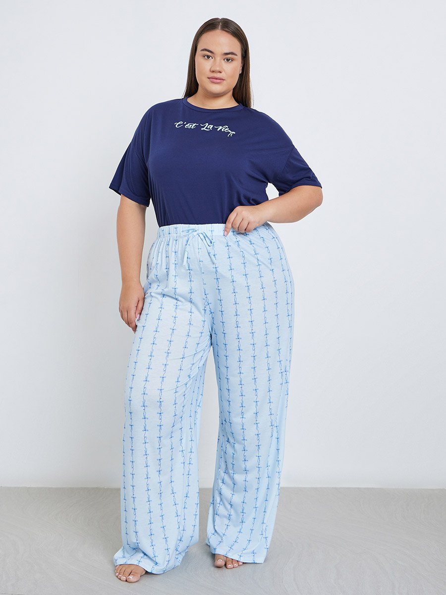 Plus Slogan Dropped Shoulder T-Shirt and Pyjama Set