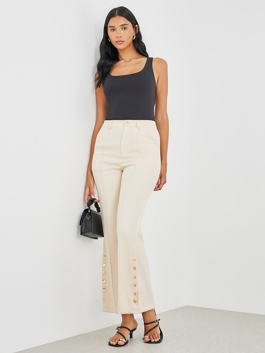 Solid Button Detail Slim Fit Pants with Pockets