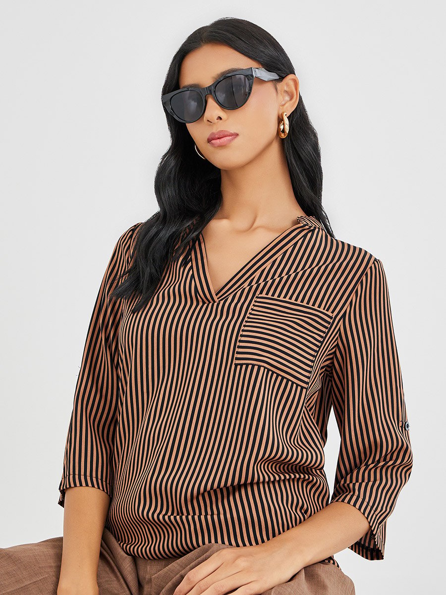 Striped V-Neck Chest Pocket Shirt