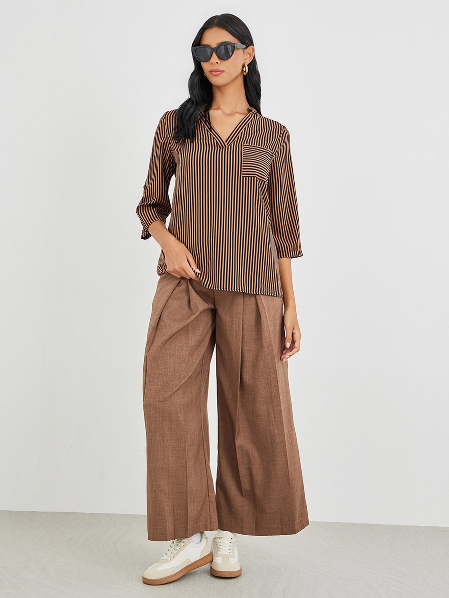 Striped V-Neck Chest Pocket Shirt