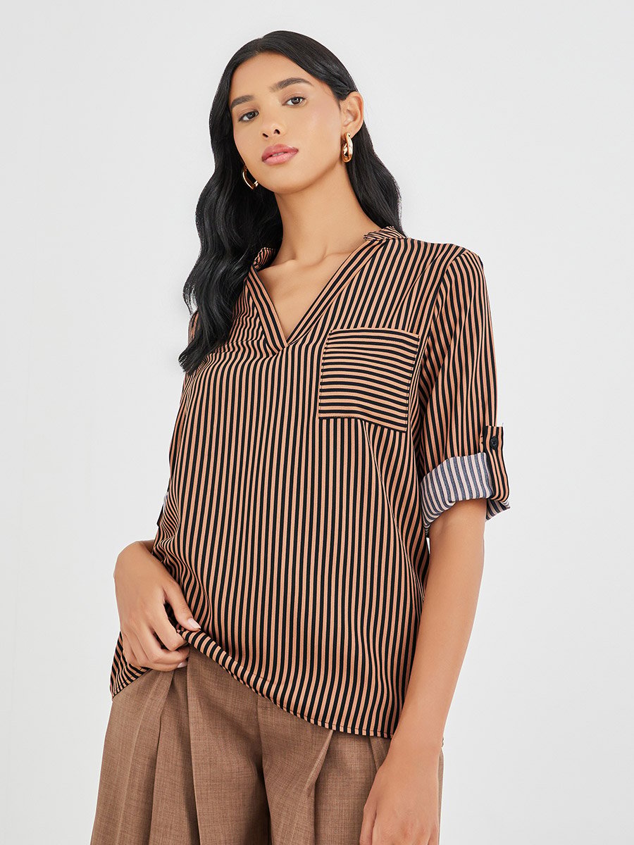Striped V-Neck Chest Pocket Shirt