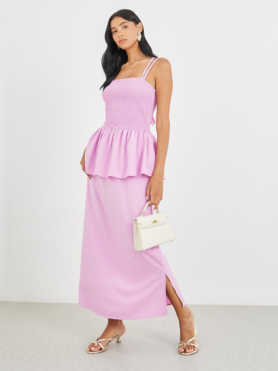 Solid Smocked Strappy Top and Midi Skirt Co-Ords