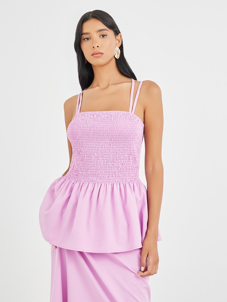 Solid Smocked Strappy Top and Midi Skirt Co-Ords
