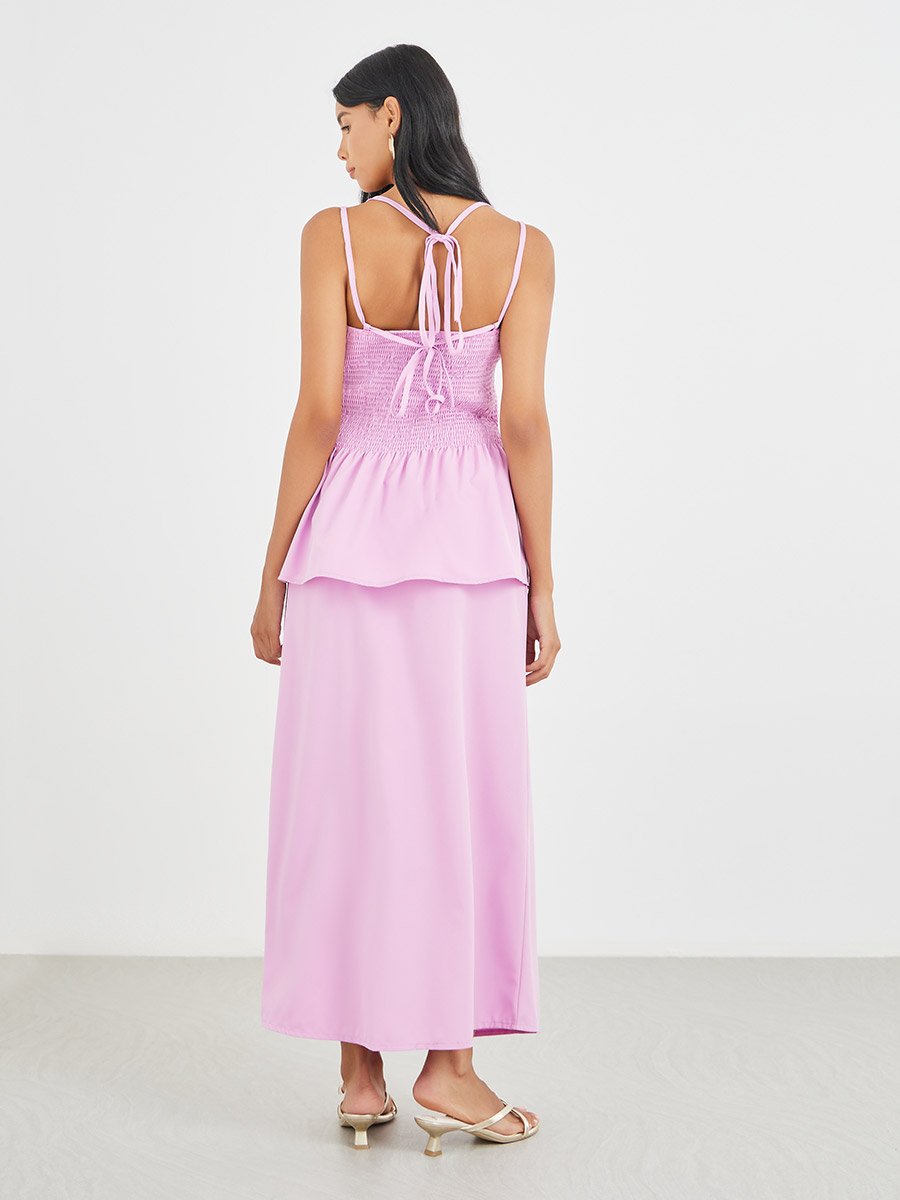 Solid Smocked Strappy Top and Midi Skirt Co-Ords