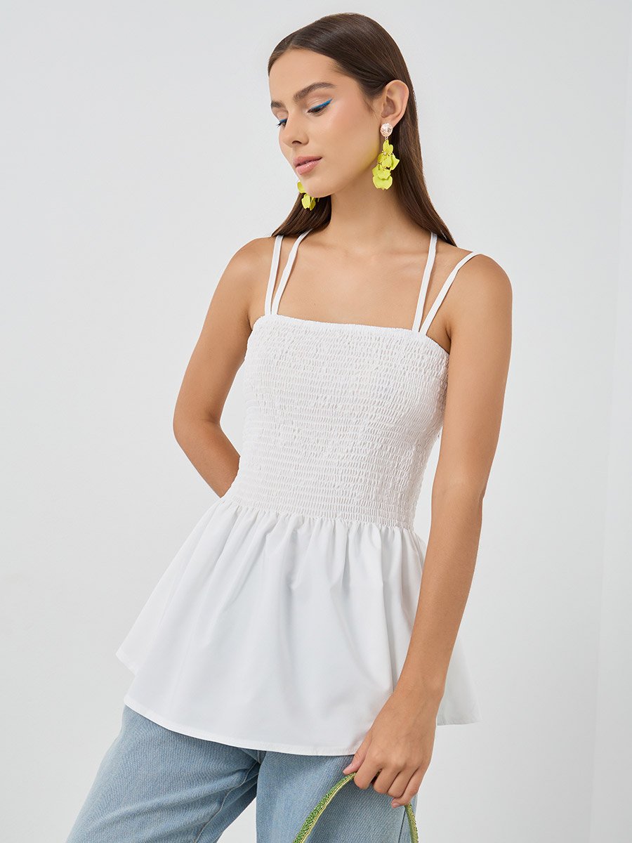 Solid Smocked Detail Strappy Top