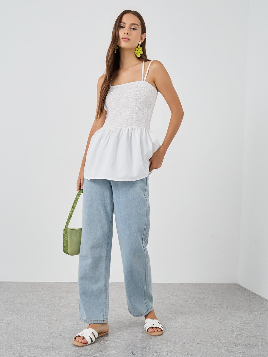 Solid Smocked Detail Strappy Top