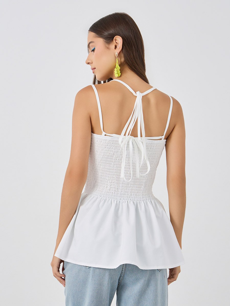 Solid Smocked Detail Strappy Top